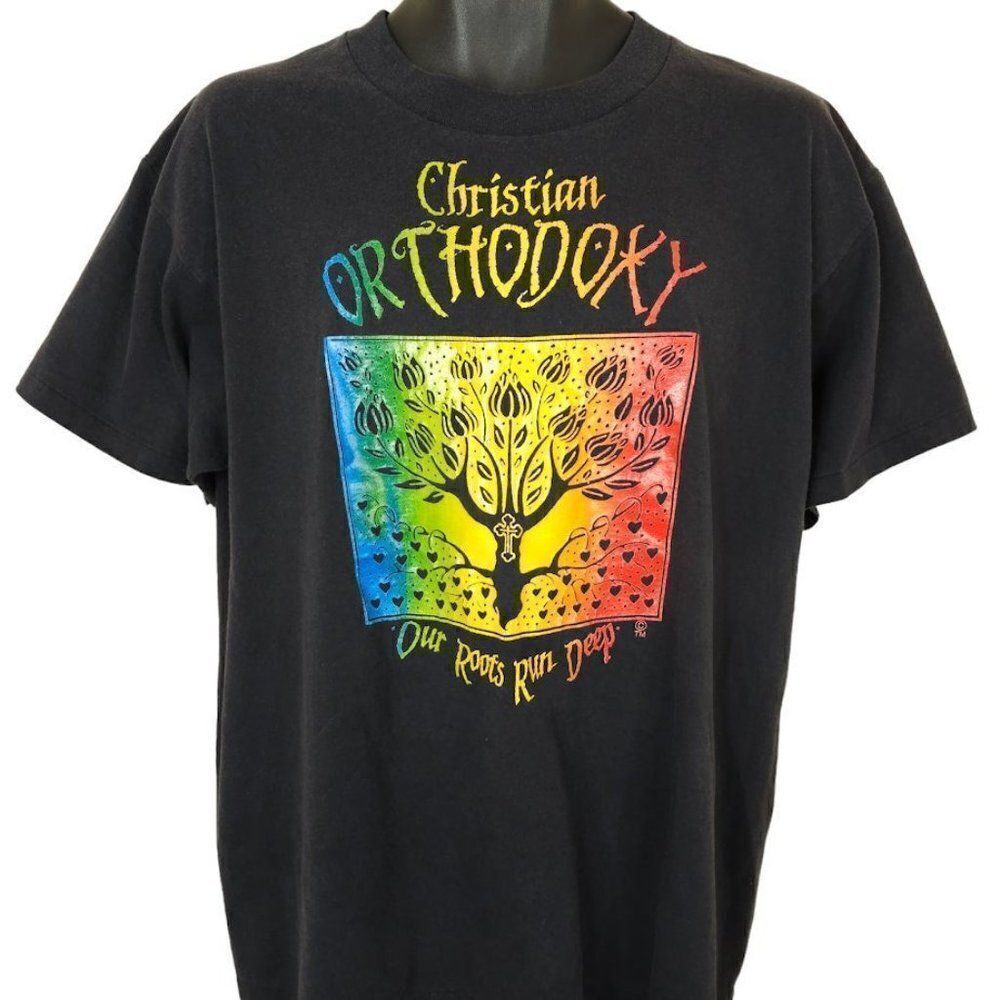 Christian Orthodoxy T Shirt Vintage 90s Roots Run Deep Rainbow Cross Mens XL